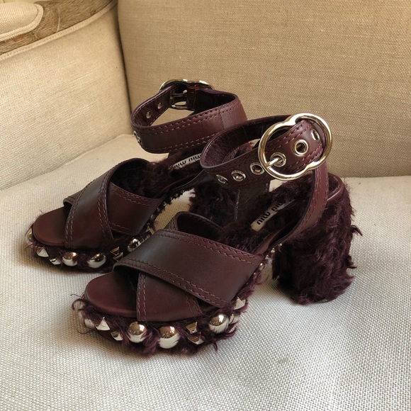 MIU MIU Platform Sandals Platform Studded Faux Shearling US 5 EUC - Picture 4 of 11